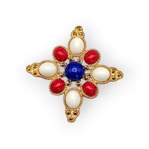 Sarah Coventry Maltese Cross Brooch – Red White Blue Cabochons Signed - 1970s